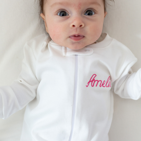 Zipper Romper in White with Yellow Picot Trim monogrammed 1