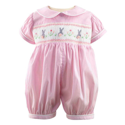 Bunny Smocked Babysuit in Pink front