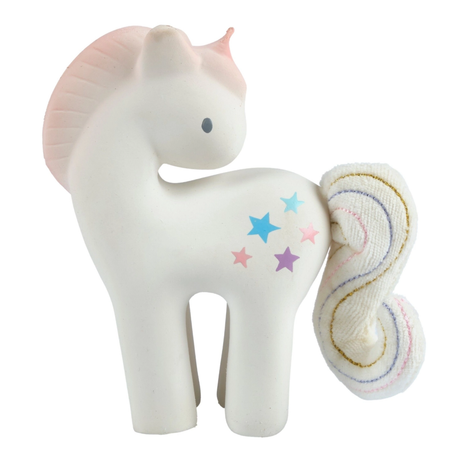 White unicorn toy with colorful stars and a rainbow tail on a white background