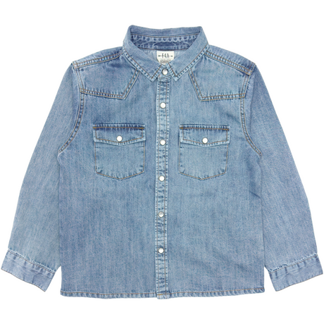 denim long sleeve top on a white background