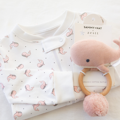 Happy Whale Zipper Romper in Pink details