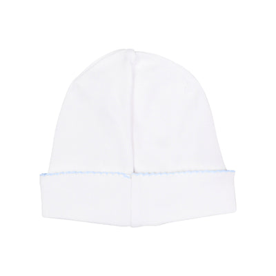 Receiving Hat in White with Light Blue Picot Trim