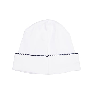 Receiving Hat in White with Navy Picot Trim