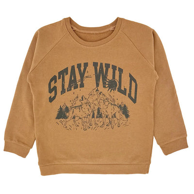 brown sweatshirt with stay wild and horses