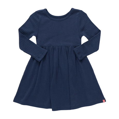 Navy blue dress with long sleeves on a white background