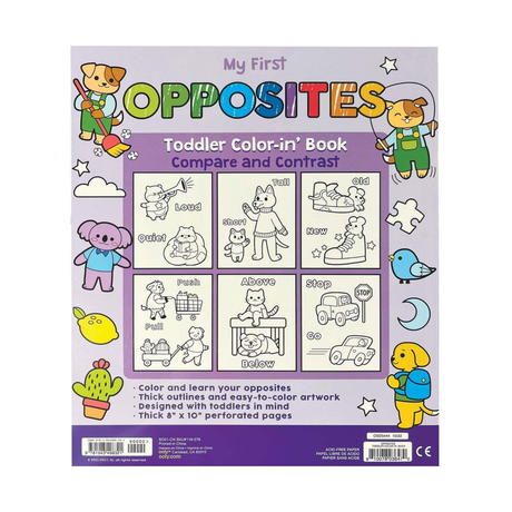Coloring book titled 'My First Opposites' for toddlers with illustrations and text on a purple background.