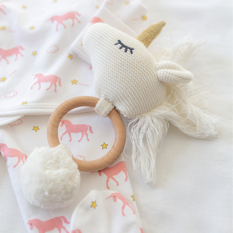 Organic Unicorn Rattle in White 2nd details