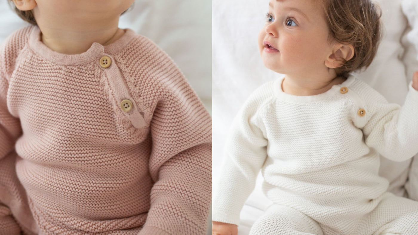 two babies in their knit rompers
