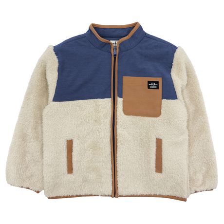 navy and white sherpa jacket on white background