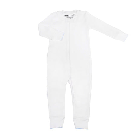 Zipper Romper in White with Light Blue Picot Trim with feet