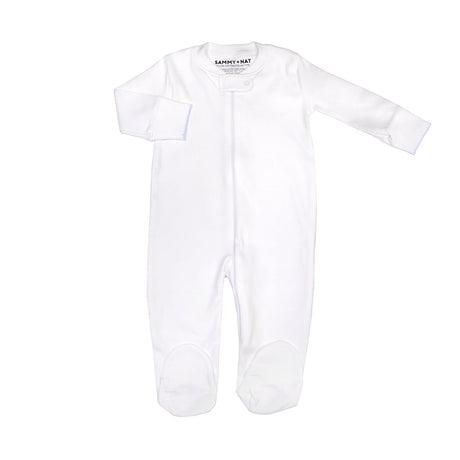 Zipper Romper in White with Light Blue Picot Trim no feet