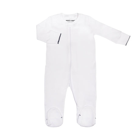 Zipper Romper in White with Navy Picot Trim no feet