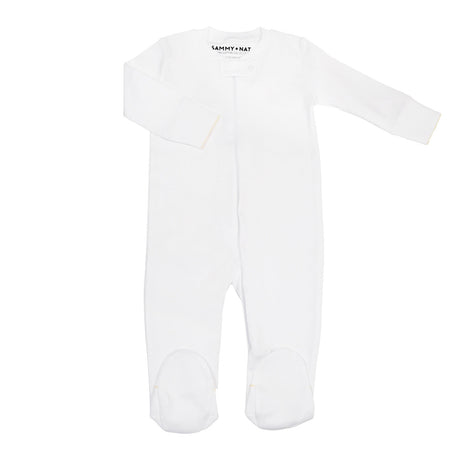 Zipper Romper in White with Yellow Picot Trim no feet