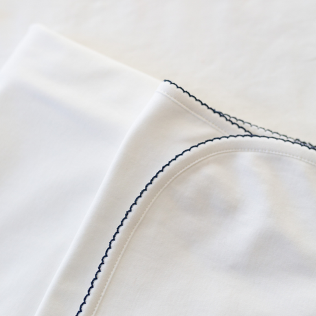 Blanket in White with Navy Picot Trim details