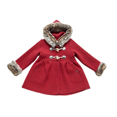 Faux Fur Toggle Hooded Wool Coat in Red