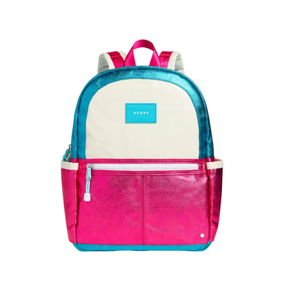 metallic pink and blue and ivory backpack