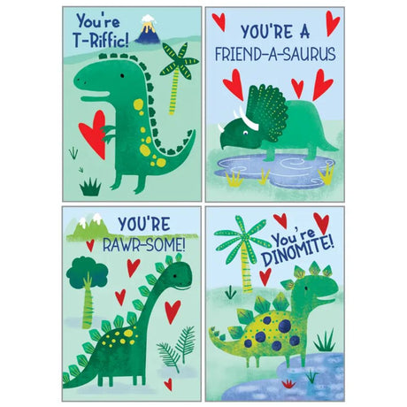 Four colorful cards with dinosaur illustrations and text on a white background