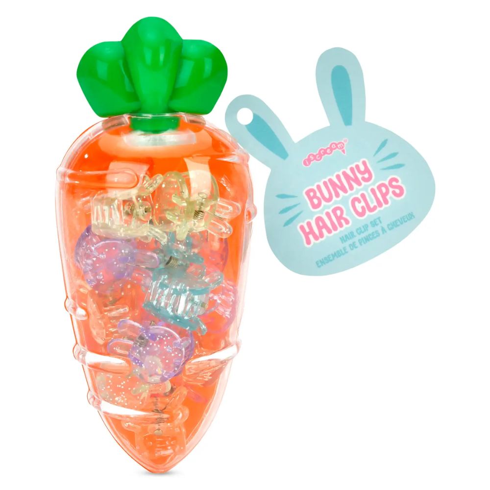 Carrot-shaped container with hair clips and a 'Bunny Hair Clips' tag on a white background