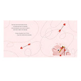 Illustration of a pig with a bow and arrows on a pink background with arrow patterns.