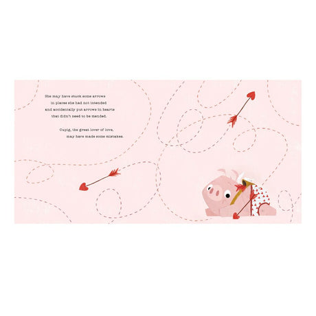 Illustration of a pig with a bow and arrows on a pink background with arrow patterns.