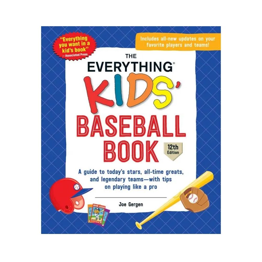 Book cover of 'The Everything Kids' Baseball Book' with baseball-themed graphics on a blue background.