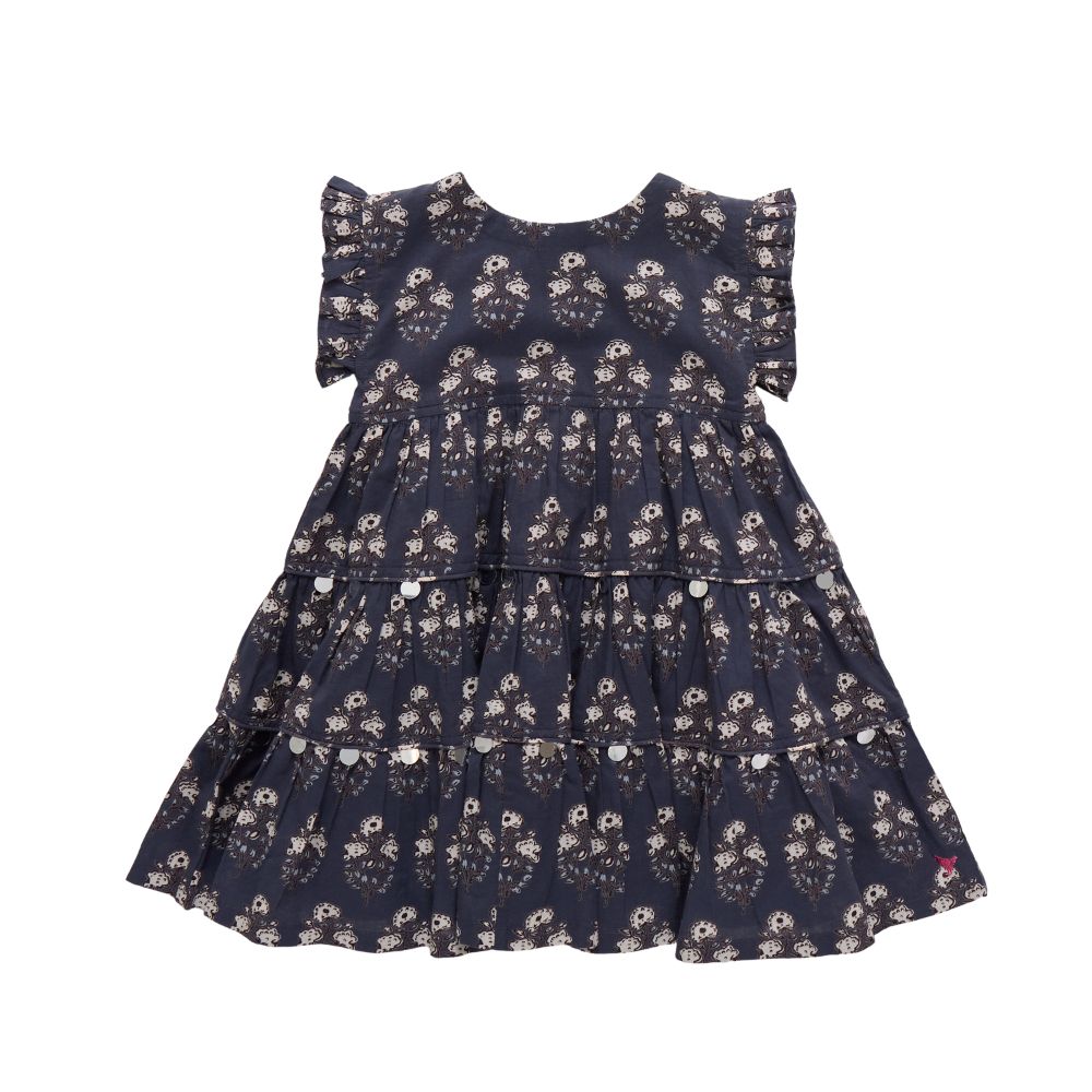 Navy floral dress on a white background