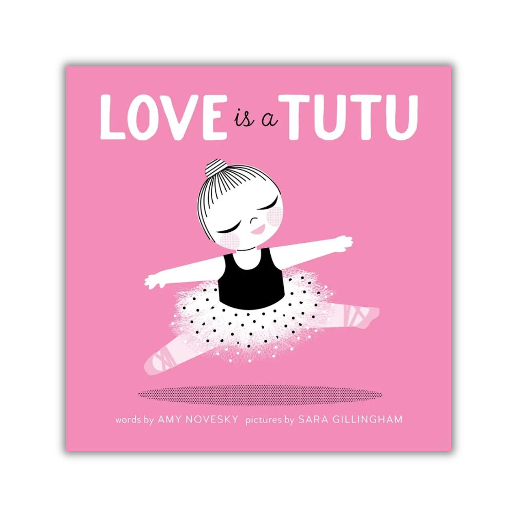 Book cover of 'Love is a Tutu' with a pink background and illustration of a girl in a tutu.