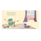 Illustration of a cartoon character looking out a window with a jar and sandwich on a table.