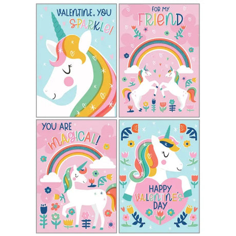 Four Valentine's Day cards with unicorns and colorful designs on a white background.