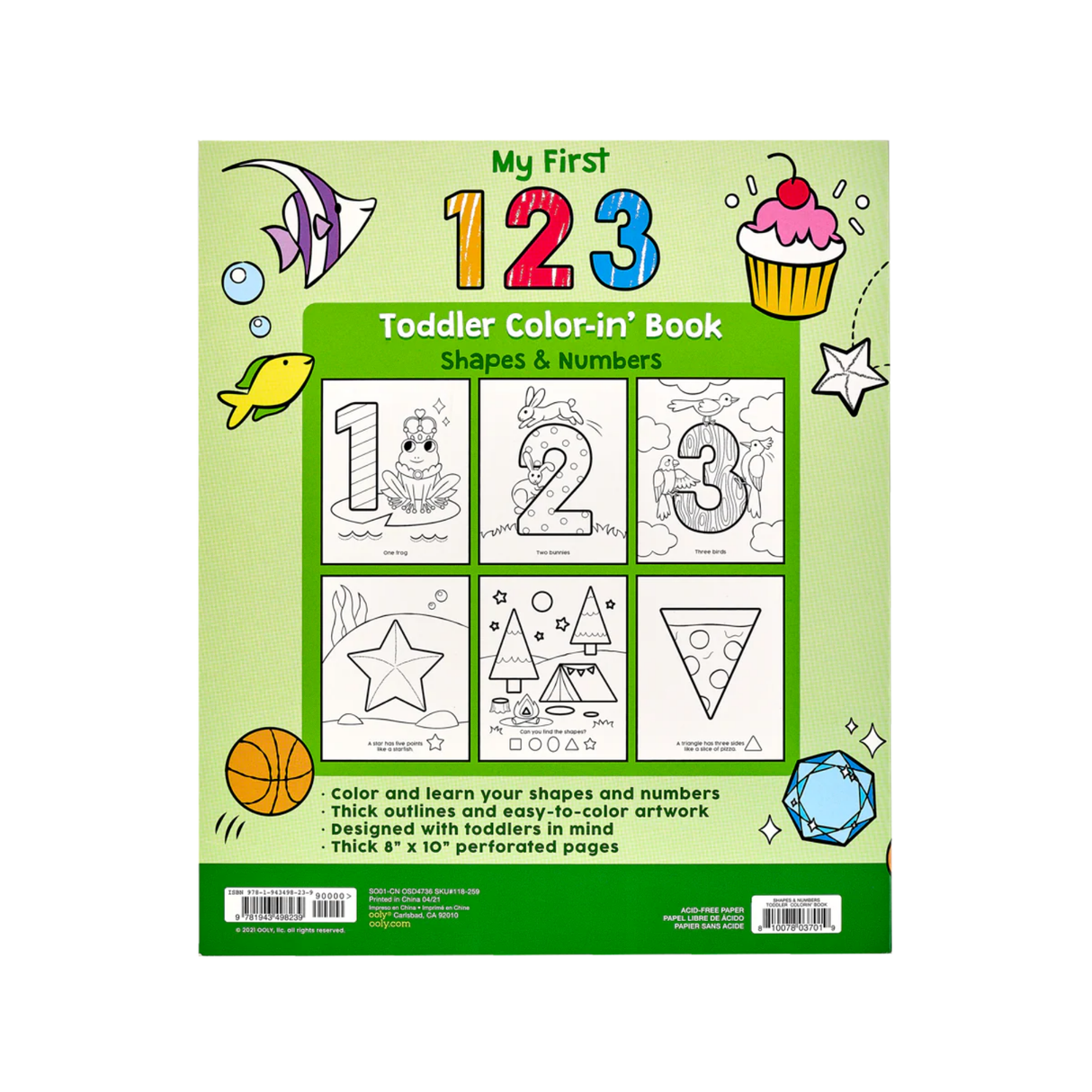 Coloring book for toddlers with shapes and numbers on a green cover