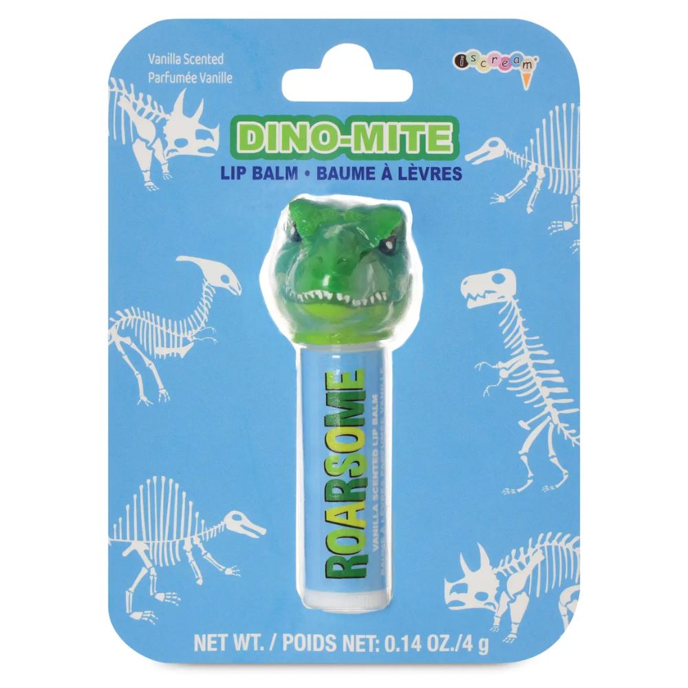 Dino-mite lip balm with dinosaur design on blue packaging