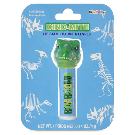 Dino-mite lip balm with dinosaur design on blue packaging