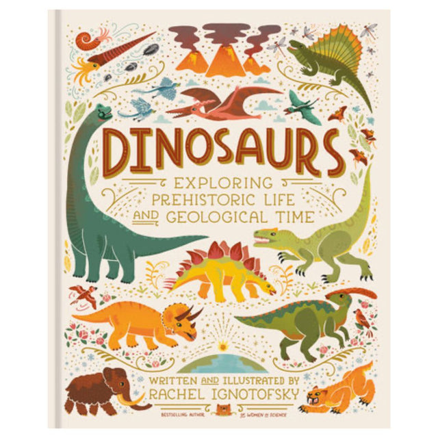 Book cover of 'Dinosaurs: Exploring Prehistoric Life and Geological Time' with colorful dinosaur illustrations.