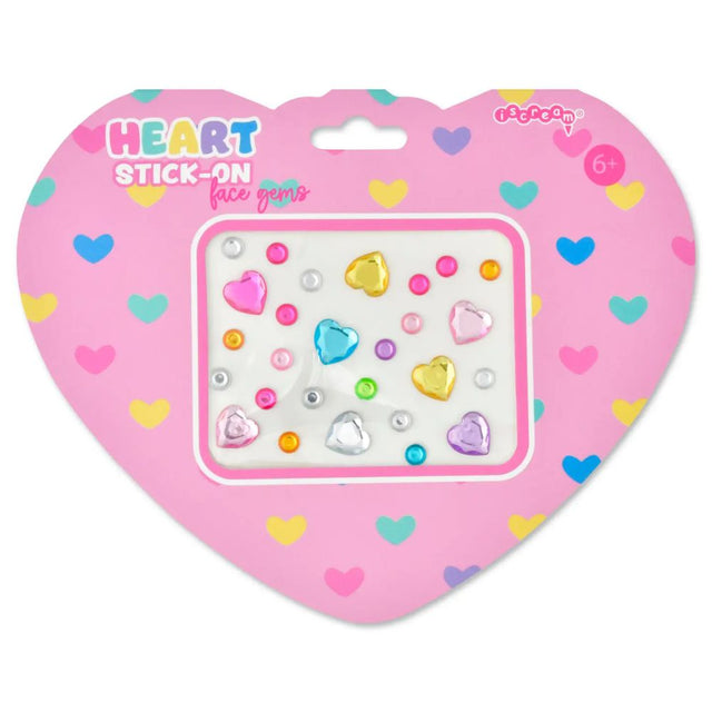 Heart-shaped packaging of stick-on face gems with colorful heart designs on a pink background.
