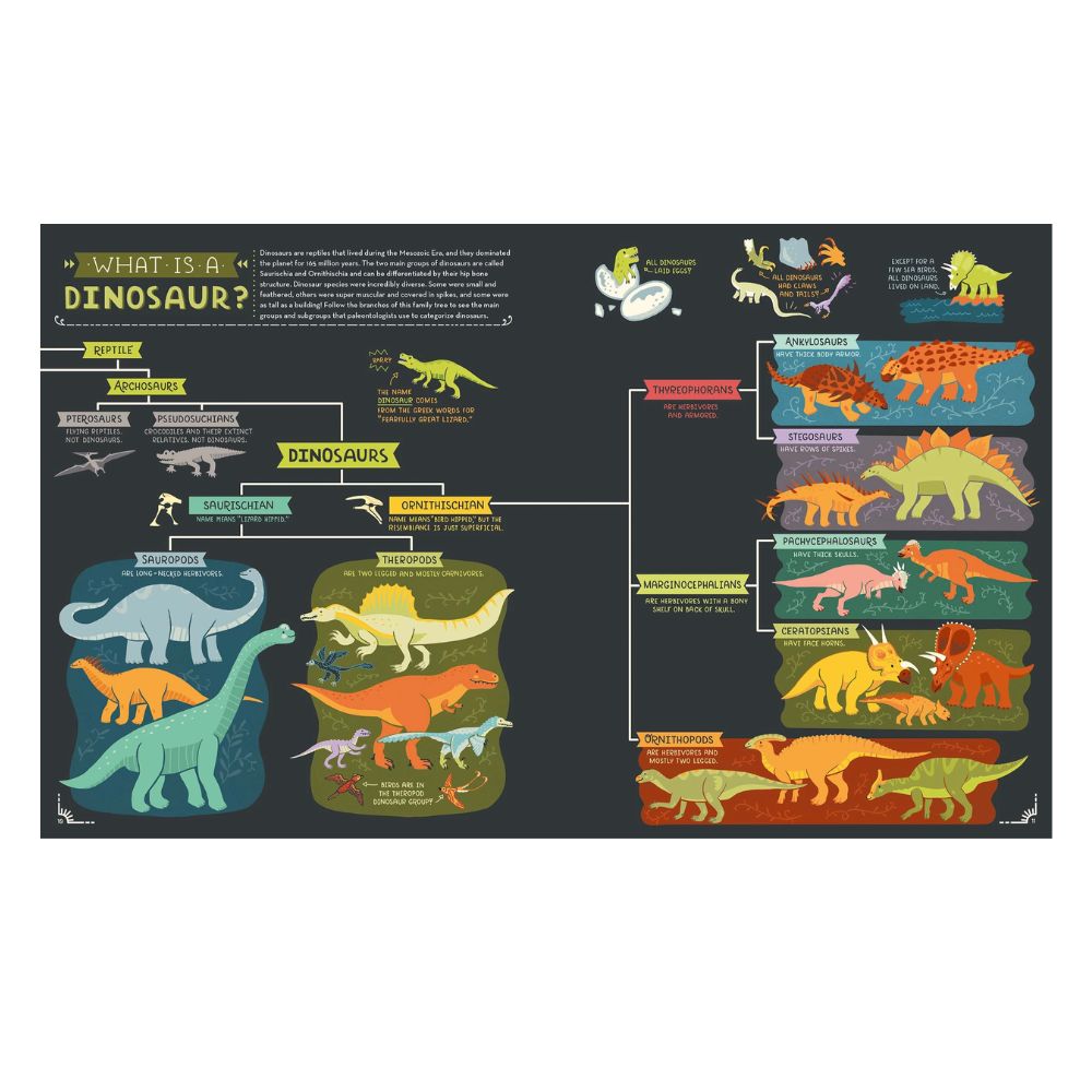 Educational pages about dinosaurs with colorful illustrations and text on a dark background