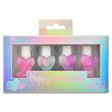 Set of four heart-shaped nail polish bottles in a colorful box with 'Happy Hearts' branding.