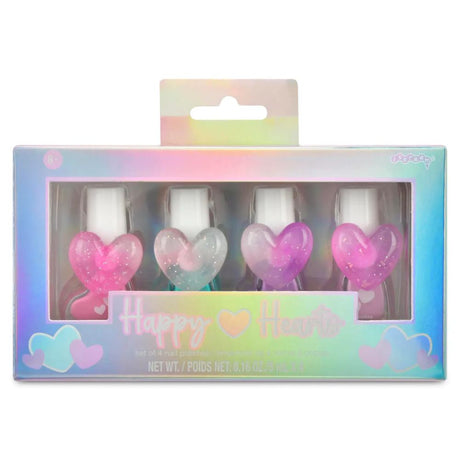 Set of four heart-shaped nail polish bottles in a colorful box with 'Happy Hearts' branding.