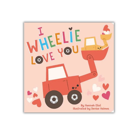Children's book cover with a red toy truck and colorful text on a pink background