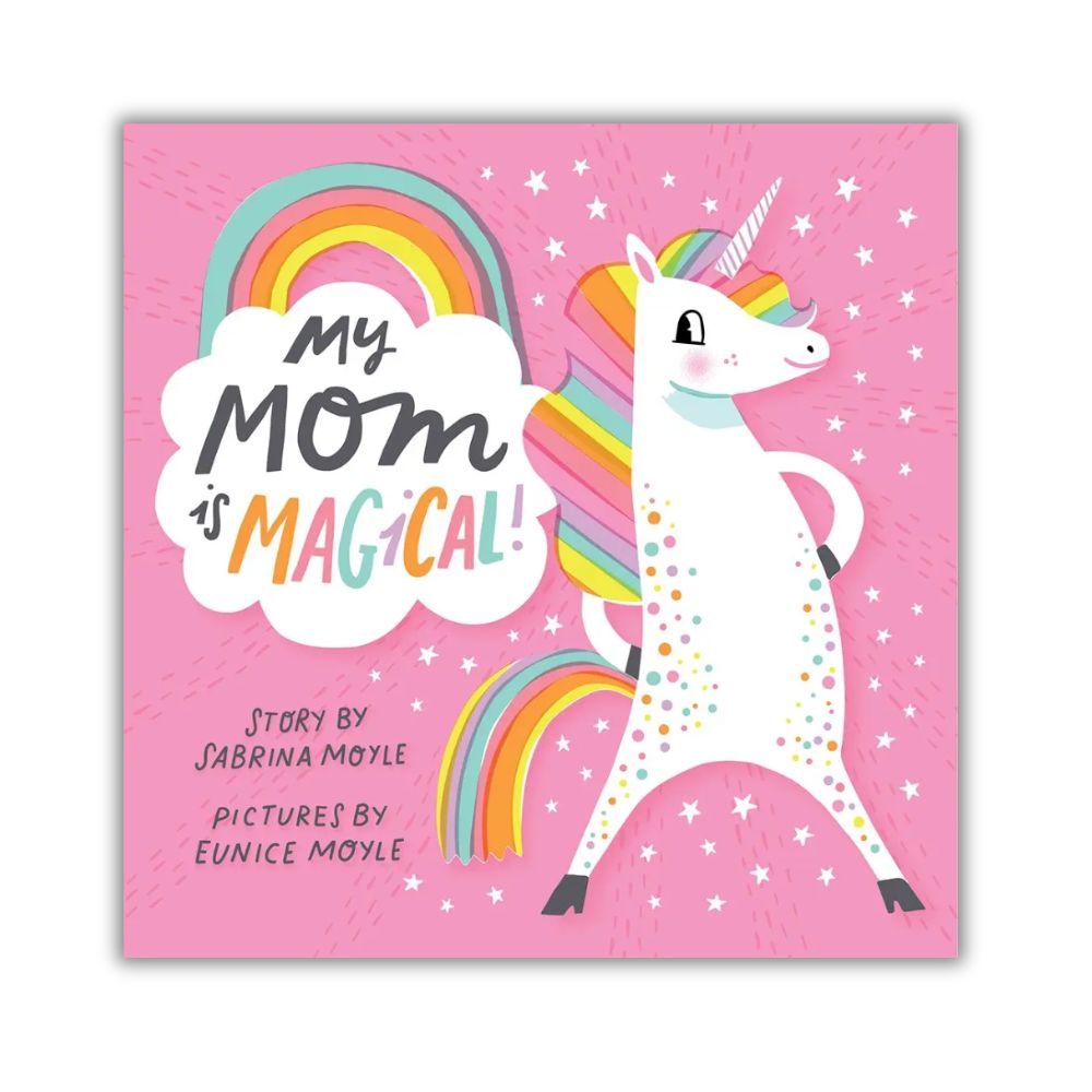 Book cover with a unicorn and rainbow on a pink background
