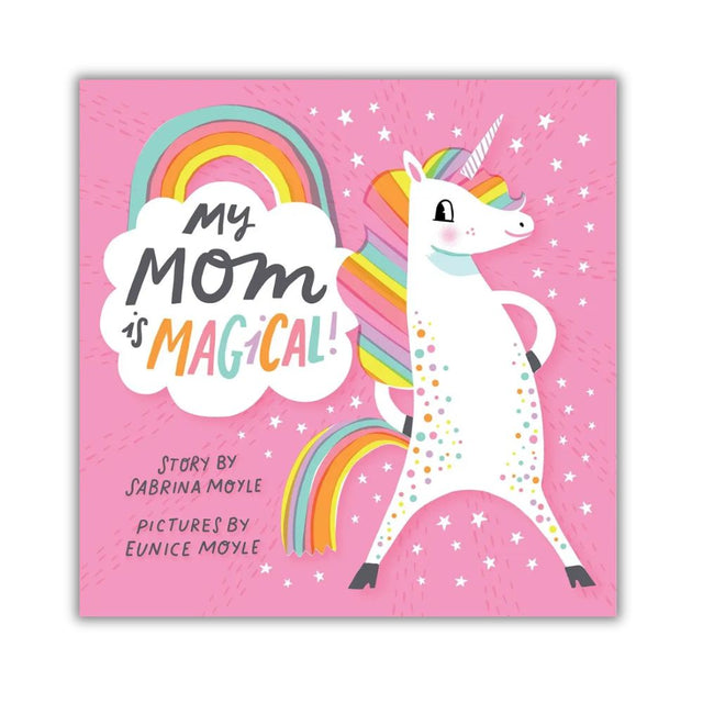 Book cover with a unicorn and rainbow on a pink background