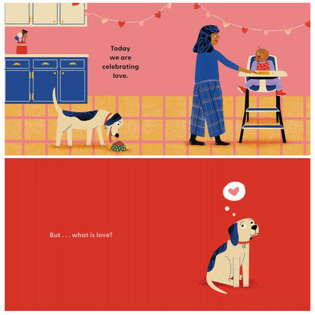Illustration of a woman with a child and a dog in a kitchen, followed by a red background with a dog thinking about love.