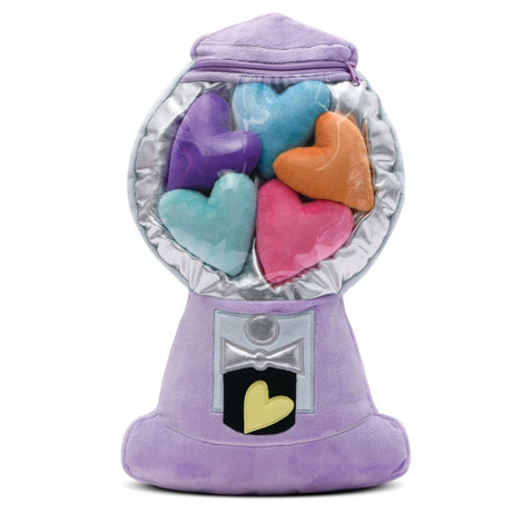Plush gumball machine with colorful heart-shaped candies on a white background