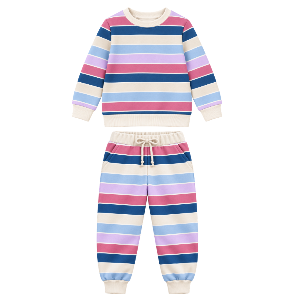 A two-piece children's sweatshirt and jogger pants set with horizontal stripes in pink, blue, light blue, and cream, displayed on a solid white background.