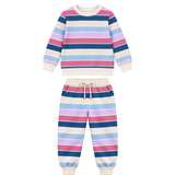 A two-piece children's sweatshirt and jogger pants set with horizontal stripes in pink, blue, light blue, and cream, displayed on a solid white background.