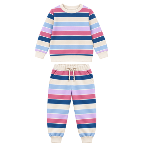 A two-piece children's sweatshirt and jogger pants set with horizontal stripes in pink, blue, light blue, and cream, displayed on a solid white background.