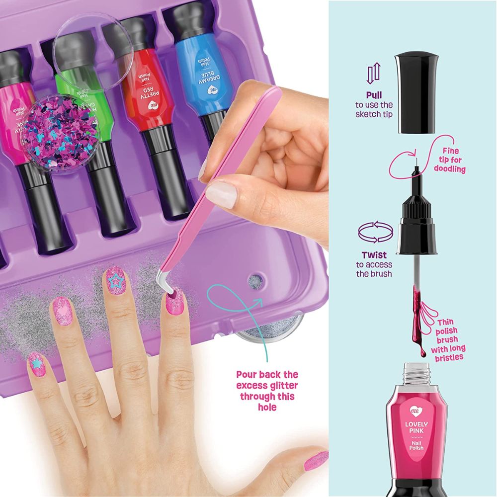 Nail art set with glitter and brush, showing usage on nails and product details.