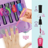Nail art set with glitter and brush, showing usage on nails and product details.