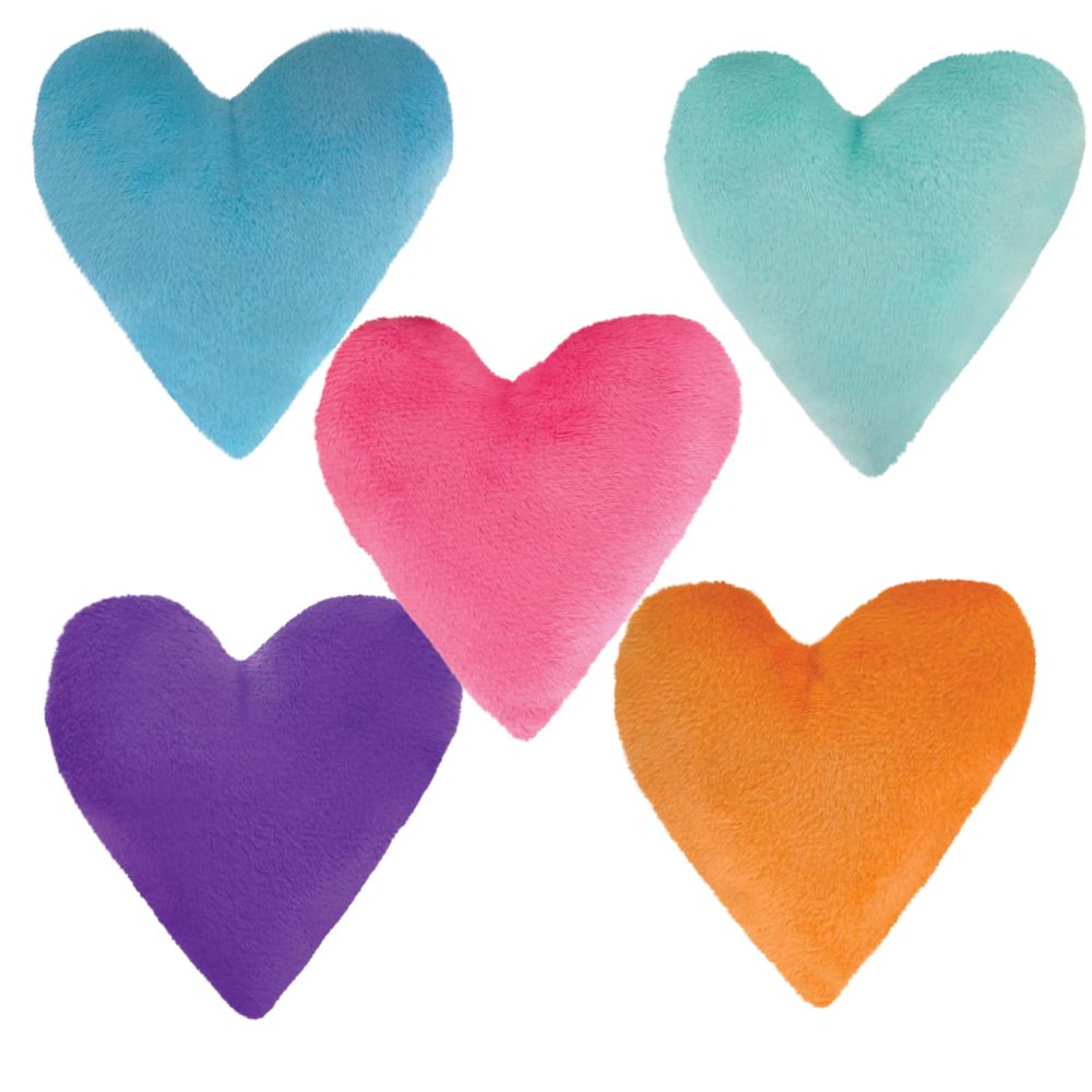 Five colorful heart-shaped objects on a white background