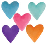 Five colorful heart-shaped objects on a white background