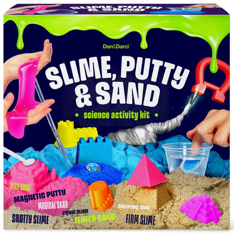 Box of Dan & Darci Slime, Putty & Sand science activity kit with colorful sand and putty toys.